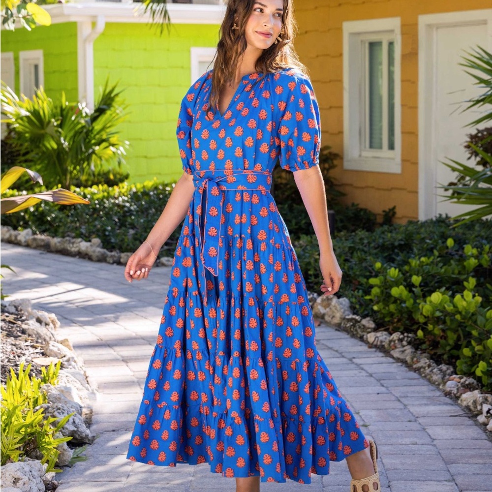 Printfresh Blue Maxi Dress with Red Floral Print